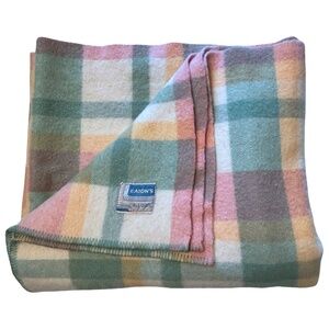 Vintage Eaton's Wool Blanket Throw Pastel Plaid Tartan Mid Century 70"X78" RARE